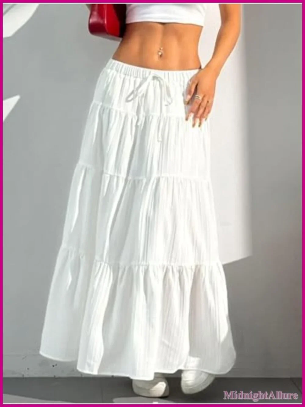 Boho Flowy White Maxi Skirt with Ruffled Hem Elastic Waist A Line
